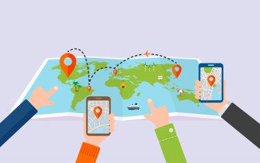 Büyük bir dünya haritası ve turistlerin vektör çizimi
