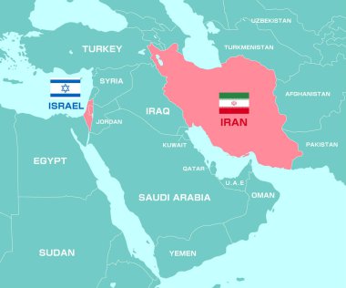 Ortadoğu haritası illüstrasyonu (İran ve İsrail savaşı) = 124; İngilizce ülke isimleri