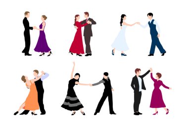 Dans eden kadın ve erkeklerin siluet çizimleri.