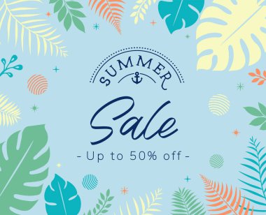 Yaz indirimi afiş illüstrasyonu (tropikal bitki çerçevesi)