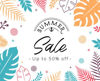 Yaz indirimi afiş illüstrasyonu (tropikal bitki çerçevesi)