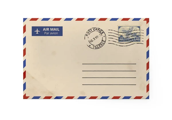 手紙のための古い黄色いペーパー封筒 青と赤の境界が刻まれたアメリカンエアメールスタイル 封筒のフロントサイド — ストック写真