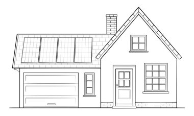 Güneş paneli olan klasik bir aile evi. Binanın ana hatları.