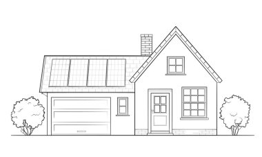 Güneş paneli olan klasik bir aile evi. Binanın ana hatları.