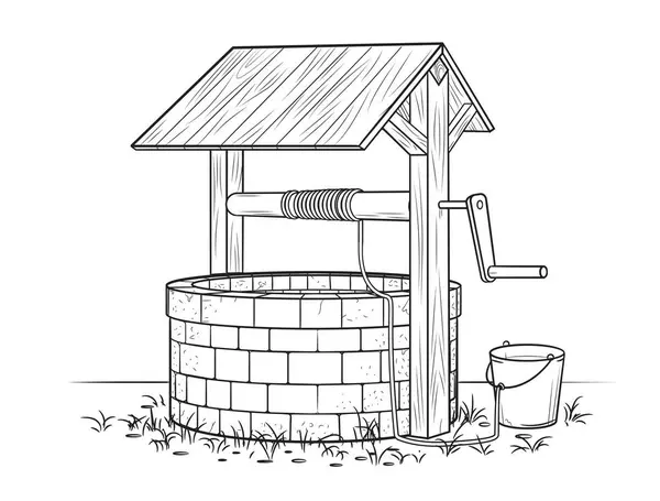 井戸水 水アクセスインフラストラクチャのストックアウトラインイラスト — ストックベクタ