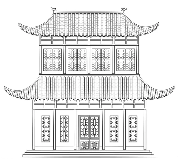Zeichnung Eines Klassischen Chinesischen Gebäudes Schwarz Weiß Illustration — Stockvektor