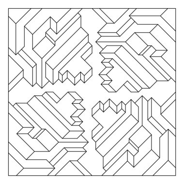 Yetişkinler için kolay renklendirme sayfaları. Geometrik üç boyutlu soyut fayans deseninin renklendirme sayfası. EPS 8. 794 numara.
