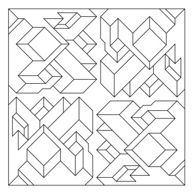 Yetişkinler için kolay renklendirme sayfaları. Geometrik üç boyutlu soyut fayans deseninin renklendirme sayfası. EPS 8. 792 numara.