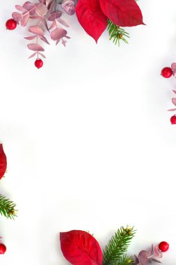 Noel süsü. Kırmızı noktalı çiçek çerçevesi, dallı noel ağacı, beyaz arka planda kırmızı böğürtlenler ve metin için boşluk. Üst manzara, düz uzanma