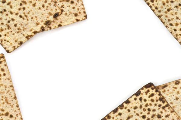 Matzo Passover Celebration White Background Space Text Top View Flat — Stock Photo, Image