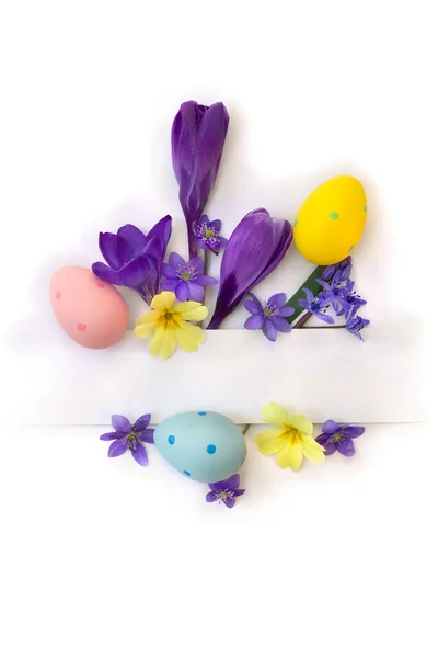 Пасхальное Украшение Пасхальные Яйца Голубые Цветы Печени Фиолетовые Крокусы Желтая — стоковое фото
