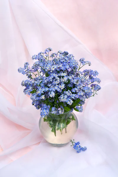 Flores Azuis Esquecem Não Vaso Vidro Fundo Têxtil Rosa Branco — Fotografia de Stock