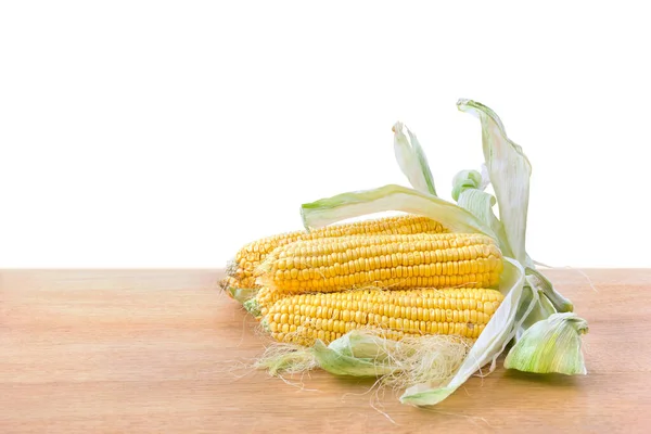 Fresh Yellow Cobs Maize Kernels Corn Wooden Table White Background — Stock Photo, Image