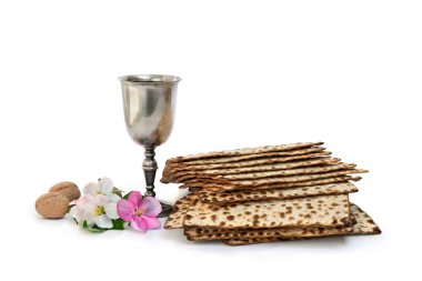 Matzo, şarap, pembe çiçekler elma ağacı, Hamursuz Bayramı kutlaması için fındıklar beyaz arka planda, mesaj için yer var.