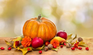 Balkabağı, sarı armut, elma ve sonbahar akçaağaç yaprakları sonbahar güneşi ışığında ahşap masa üzerinde