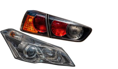 Front and rear lights, cars, isolated cutout background, white background