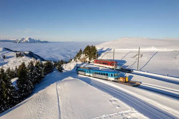 Bir Arth-Rigibahn treni ve bir Vitznau-Rigibahn treni karlı Rigi Dağı 'nın zirvesine yaklaşıyorlar..