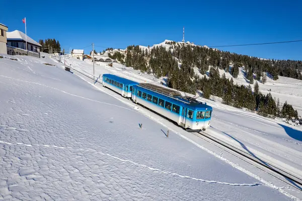 Mavi Rigibahn treni Rigi Dağı 'ndan Rigi Goldau' ya giderken görüldü.