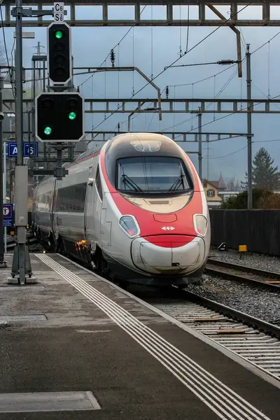 RABe 503 tipi bir tren ETR 610 veya Pendolino olarak da bilinen Arth-Goldau İstasyonu 'ndan ayrılıyor.