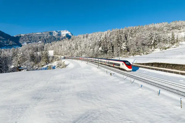 İsviçre federal demiryolları tarafından işletilen ve stadler tarafından inşa edilen bir eurostion treni Goldau yakınlarındaki merkez İsviçre 'de fotoğraflandı.. 