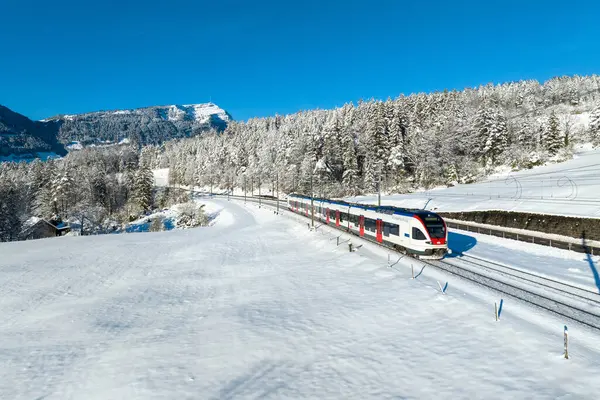 İsviçre 'nin göbeğinde Goldau yakınlarında İsviçre federal demiryolları tarafından işletilen ve stadler tarafından üretilen bir İsviçre bölgesel treni fotoğraflandı.. 