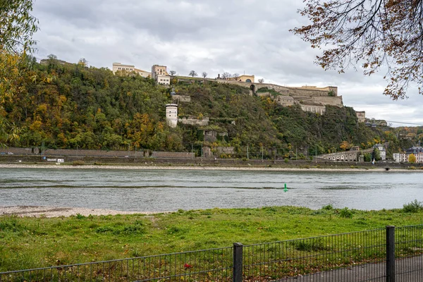 German Corner Koblenz Were Rivers Rhein Mosel Meet Ehrenbreitstein Castle — Stock Photo, Image