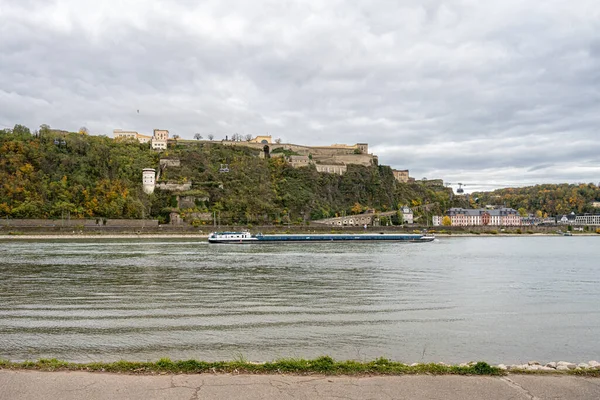 German Corner Koblenz Were Rivers Rhein Mosel Meet River Barge Stock Picture