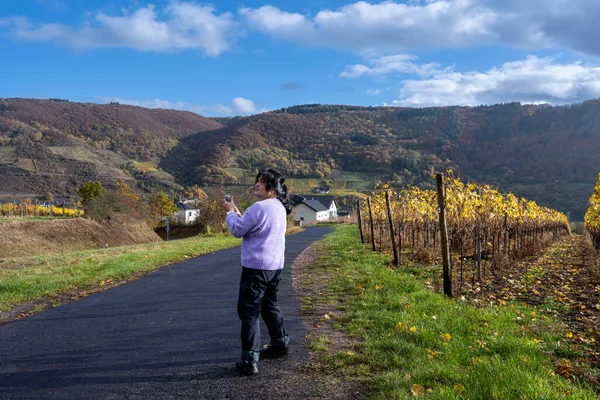 Woman Road Going Wine District Mosel Valley Beautiful Yellow Vine Stock Image
