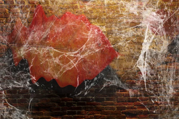 Halloween Hintergrund Herbstblatt Ziegelwand Mit Spinnennetz Darstellung — Stockfoto