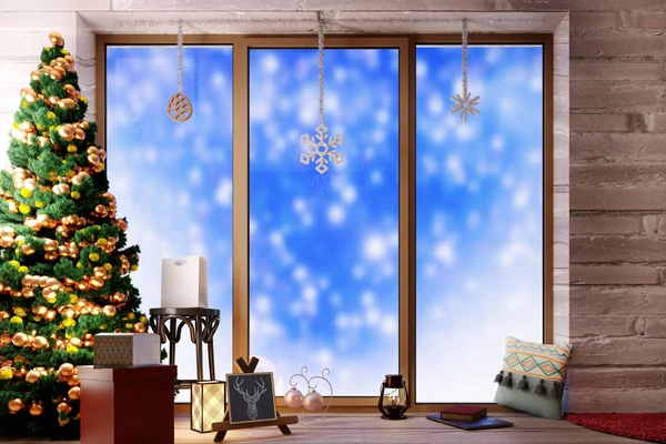 有圣诞树 礼物和装饰品的冬季窗户 3D渲染说明 — 图库照片