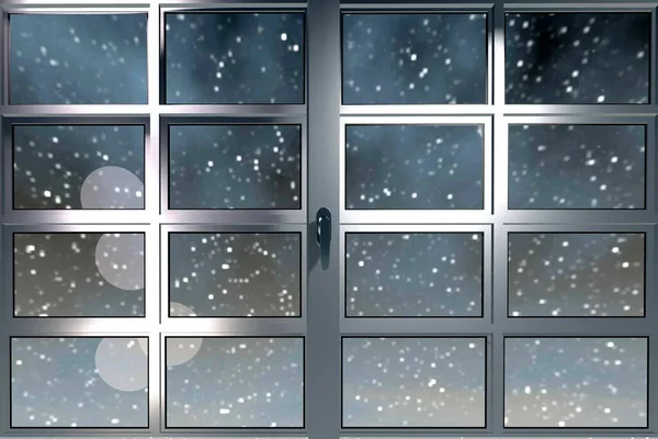 冬天的窗户 晚上下着雪 圣诞节背景 — 图库照片