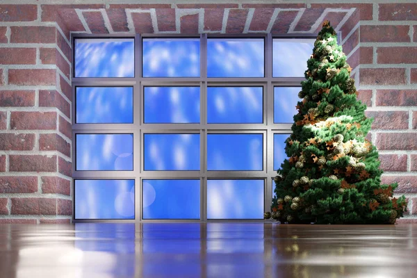 Vinterfönster Med Julgran Och Dekorationer Jul Bakgrund — Stockfoto