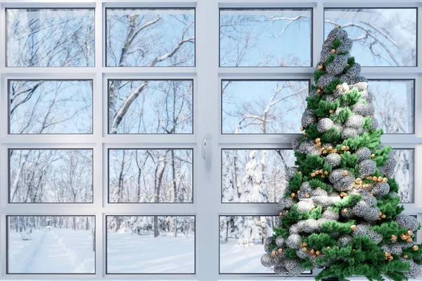 冬天的窗户上有圣诞树和装饰品 圣诞节背景 — 图库照片