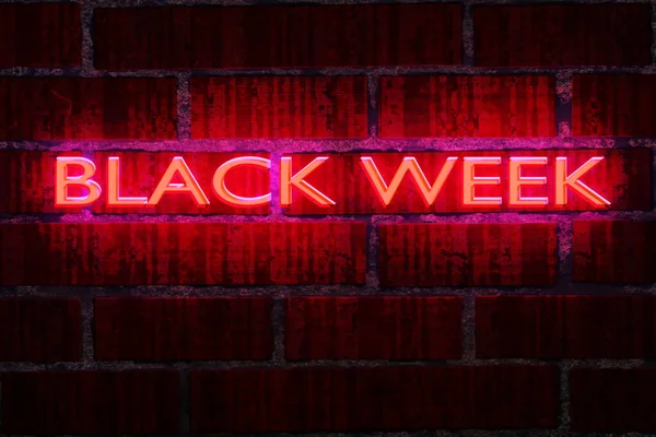 Kara Cuma konsepti. Grunge koyu tuğla duvar arka planında Neon Kara Hafta metin afişi.