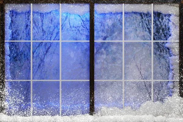 Zmrzlý Okenní Rám Sněhem Padajícím Ven Vánoční Pozadí Vykreslování — Stock fotografie