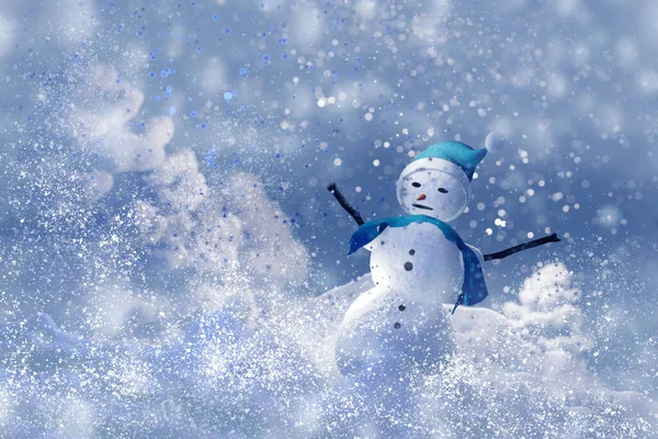 Hóember Kék Kalapban Sállal Hóban Renderelés Illusztráció — Stock Fotó