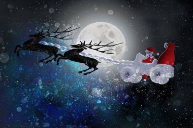 Noel Baba, ayda karlı bir araçla ren geyikleriyle uçuyor. 3 Boyutlu resimleme.