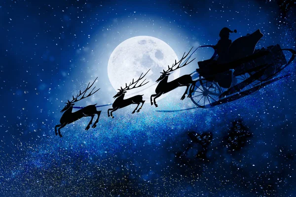 Święty Mikołaj Saniach Reniferami Nocnym Gwiaździstym Niebie Pełnią Księżyca Świąteczne — Zdjęcie stockowe