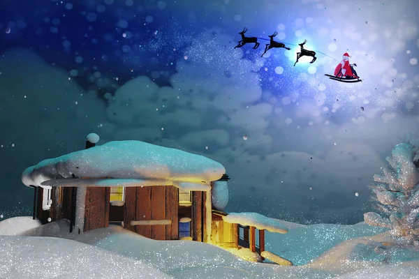 Noel Baba Köyün Üzerinde Gökyüzünde Ren Geyikleriyle Kızakla Geziyor Boyutlu — Stok fotoğraf