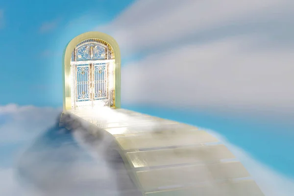 Heaven\'s gate with golden stairs and door in the blue sky with white clouds. 3D render illustration.