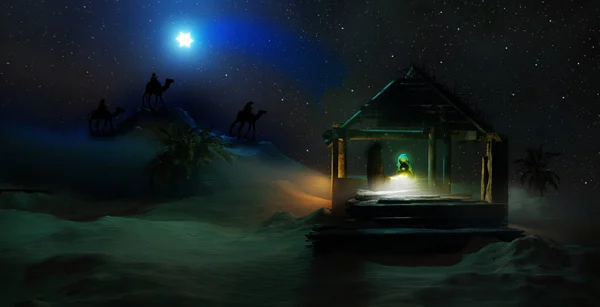Nativity Scene in Bethlehem with Baby Jesus in manger, Virgin Mary, Joseph and kings - Three Wise Men riding on camels. 3D render illustration.