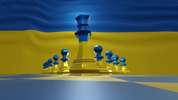 Szachowy Król Pionki Szachownicy Tle Flagi Ukrainy Przywództwo Koncepcja Zwycięstwa — Wideo stockowe