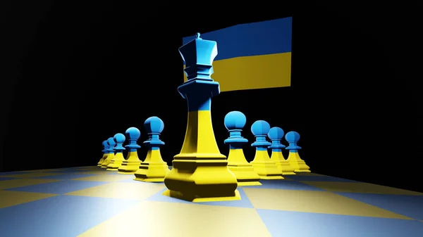 Schackkung Och Pjäser Schackbräde Med Ukrainska Fanor Ledarskapskoncept Render Illustration Royaltyfria Stockfoton