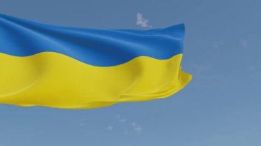 Mavi arka planda rüzgarda dalgalanan Ukrayna bayrağı. 4K video canlandırma 3B canlandırmasıName.