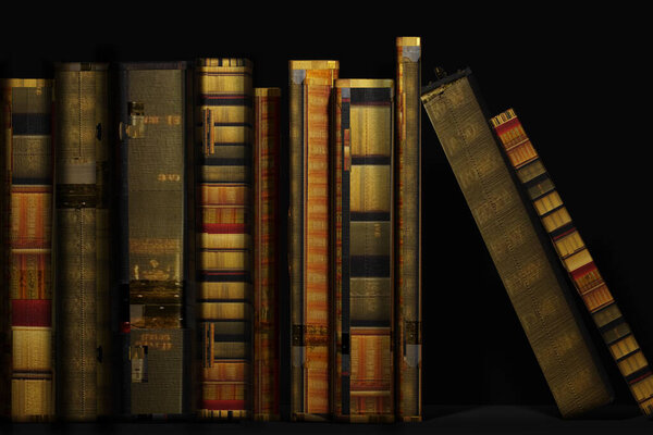 Pile of old books in library. 3D render illustration.