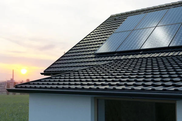 Panele Słoneczne Fotowoltaika Dachu Koncepcja Alternatywnych Źródeł Energii Elektrycznej — Zdjęcie stockowe