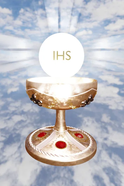 聖餐式でチャリス 聖体のシンボル キリスト教の宗教 3Dレンダリング図 — ストック写真