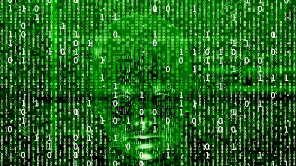 Bináris Kód Háttér Mesterséges Intelligencia Big Data Koncepció Cyborg Fej — Stock Fotó