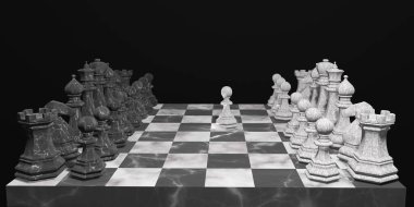 Satranç tahtasındaki satranç taşları. Takım çalışması ve rekabet konsepti. İlk hareket fikri. 