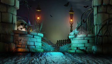 Cadılar Bayramı geçmişi. Eski Castle 'la ürkütücü bir gece sahnesi. 3 Boyutlu resimleme.